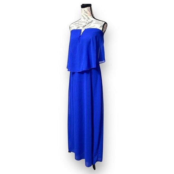 City Triangles L Blue Chiffon Maxi Dress Strapless Cocktail Wedding Guest Party - Picture 3 of 11